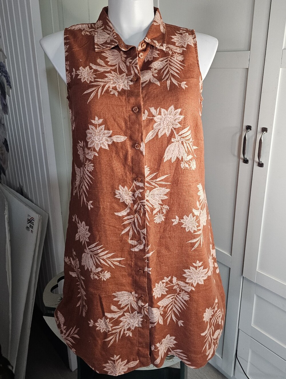Garnet Hill Women 12 100% Linen Shirt Dress Rust Floral Button Front Sleeveless